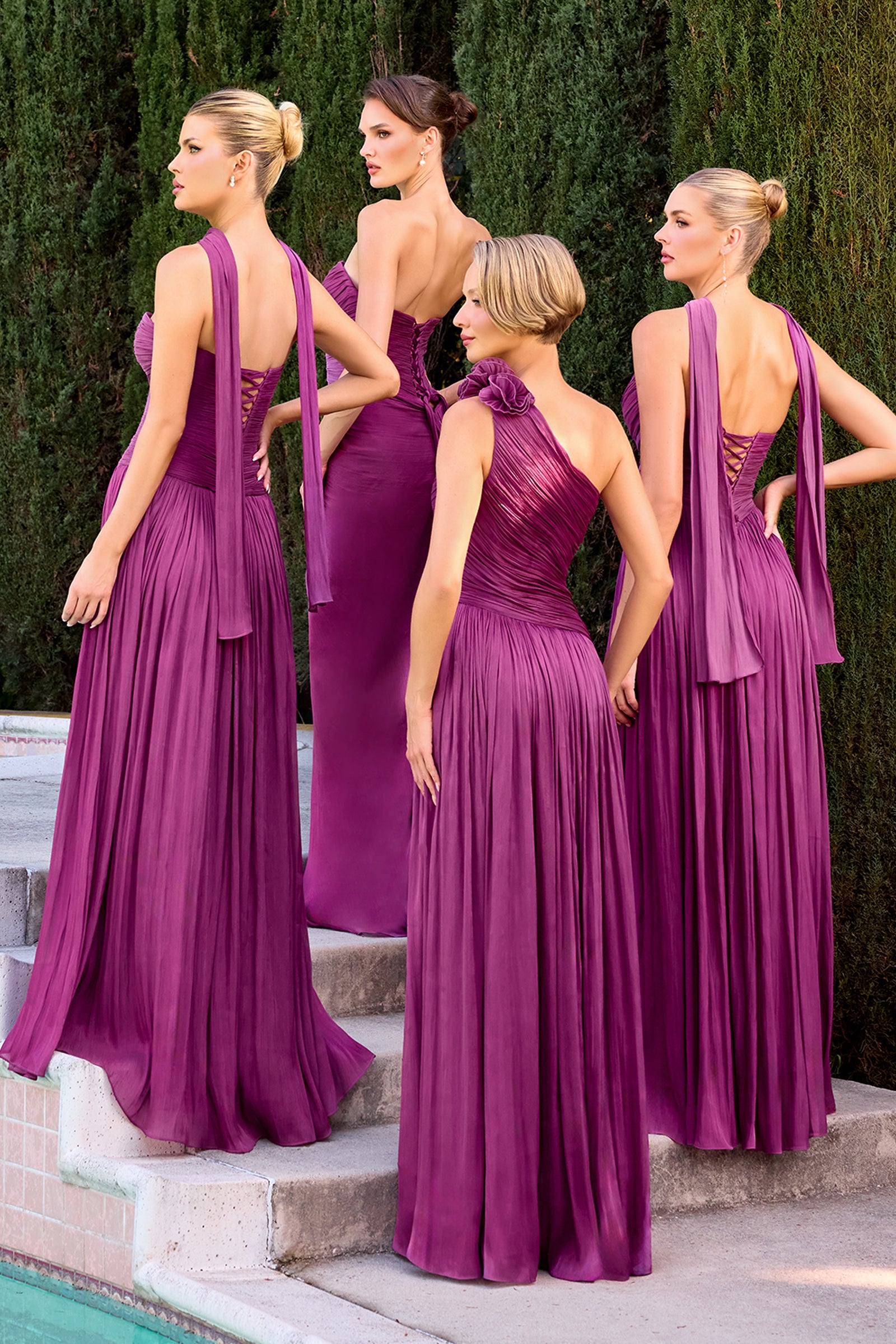 Vestido Un Hombro Chiffon Plisado con Flor (Mulberry) – CD415